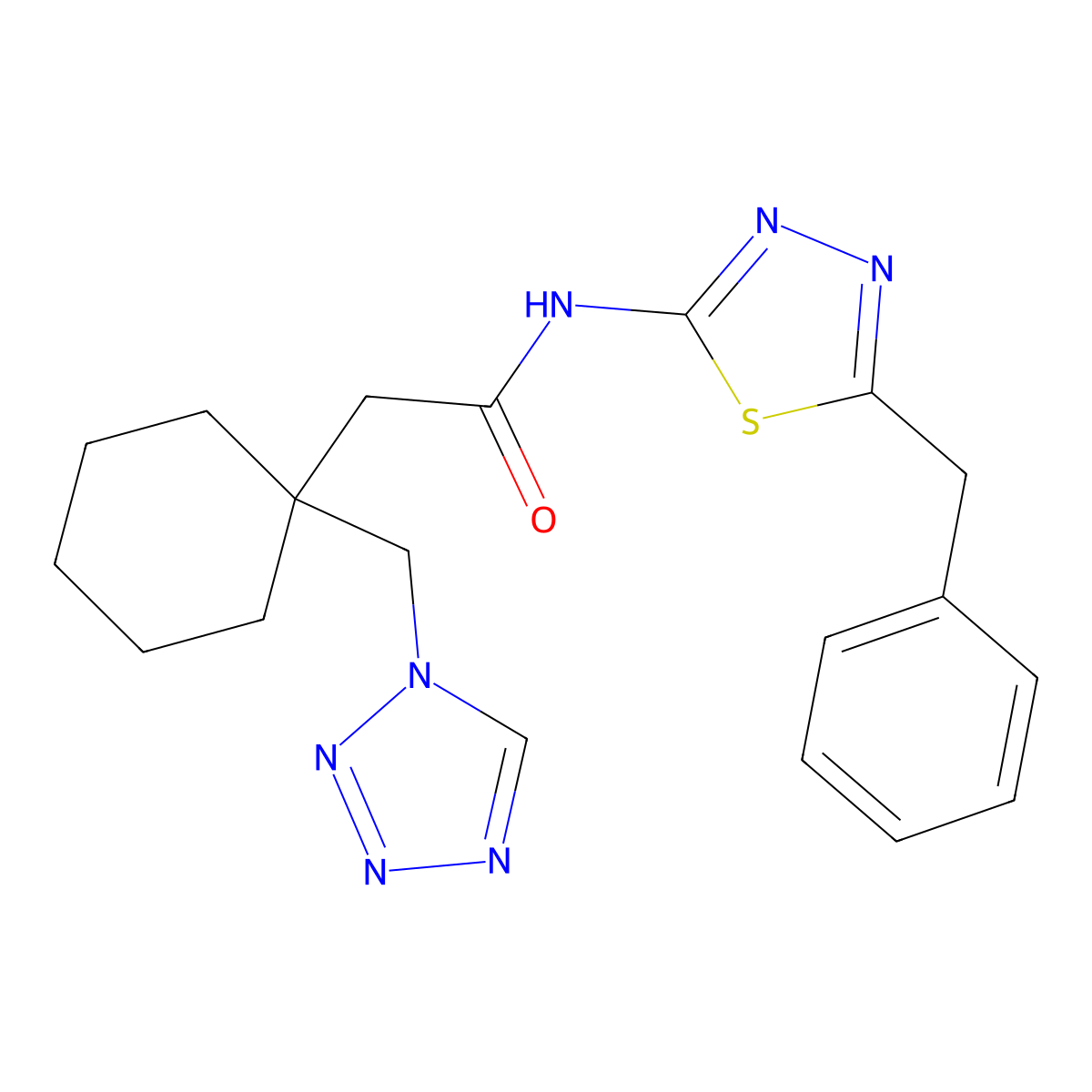 N-(5-benzyl-1,3,4-thiadiazol-2-yl)-2-[1-(1H-tetrazol-1-ylmethyl)cyclohexyl]acetamide molecular structure, CAS 1380585-67-0