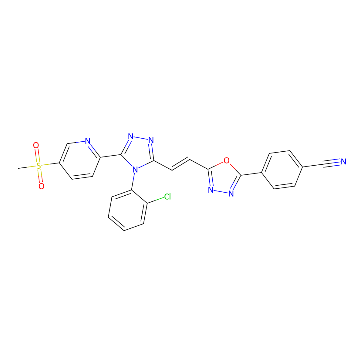 4-{5-[(E)-2-{4-(2-Chlorophenyl)-5-[5-(Methylsulfonyl)pyridin-2-Yl]-4h-1,2,4-Triazol-3-Yl}ethenyl]-1,3,4-Oxadiazol-2-Yl}benzonitrile molecular structure, CAS 1380672-07-0