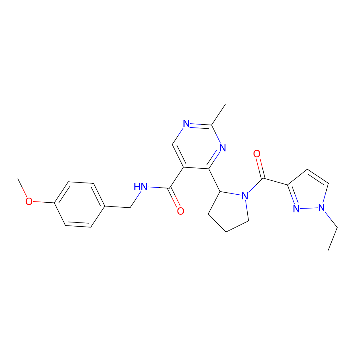 5-Pyrimidinecarboxamide, 4-[1-[(1-ethyl-1H-pyrazol-3-yl)carbonyl]-2-pyrrolidinyl]-N-[(4-methoxyphenyl)methyl]-2-methyl- molecular structure, CAS 1380796-83-7