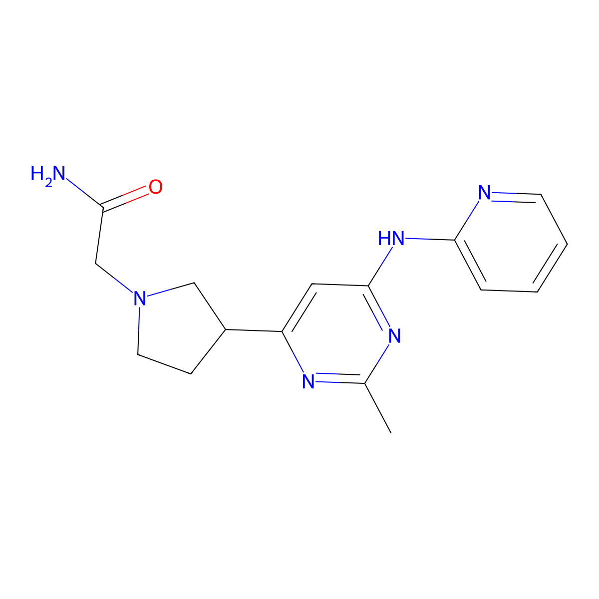 2-(3-(2-Methyl-6-(pyridin-2-ylamino)pyrimidin-4-yl)pyrrolidin-1-yl)acetamide molecular structure, CAS 1381086-29-8