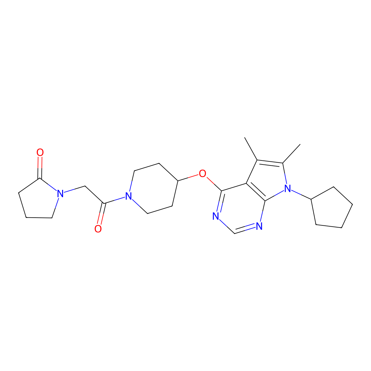 1-{2-[4-({7-cyclopentyl-5,6-dimethyl-7H-pyrrolo[2,3-d]pyrimidin-4-yl}oxy)piperidin-1-yl]-2-oxoethyl}pyrrolidin-2-one molecular structure, CAS 1381202-92-1