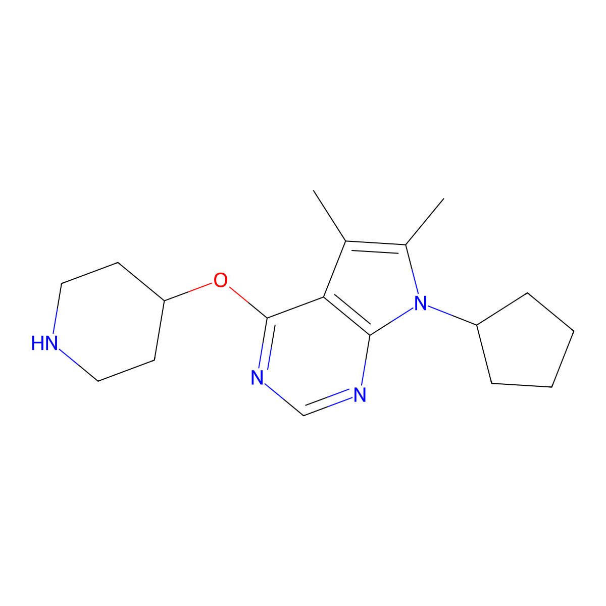 4-({7-cyclopentyl-5,6-dimethyl-7H-pyrrolo[2,3-d]pyrimidin-4-yl}oxy)piperidine molecular structure, CAS 1381203-22-0