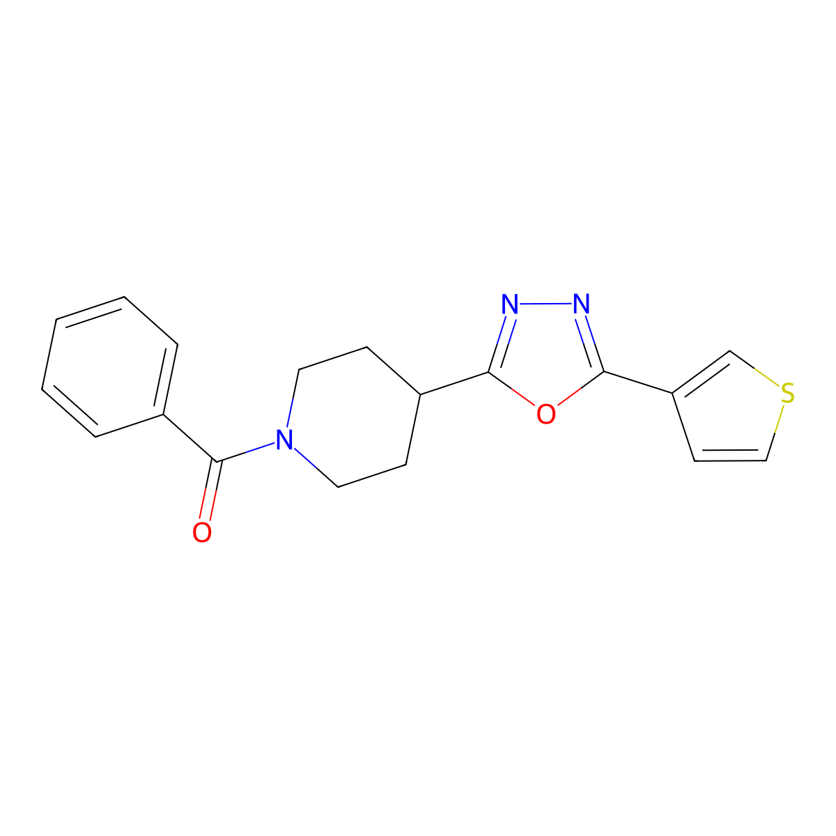 Phenyl(4-(5-(thiophen-3-yl)-1,3,4-oxadiazol-2-yl)piperidin-1-yl)methanone molecular structure, CAS 1381330-66-0