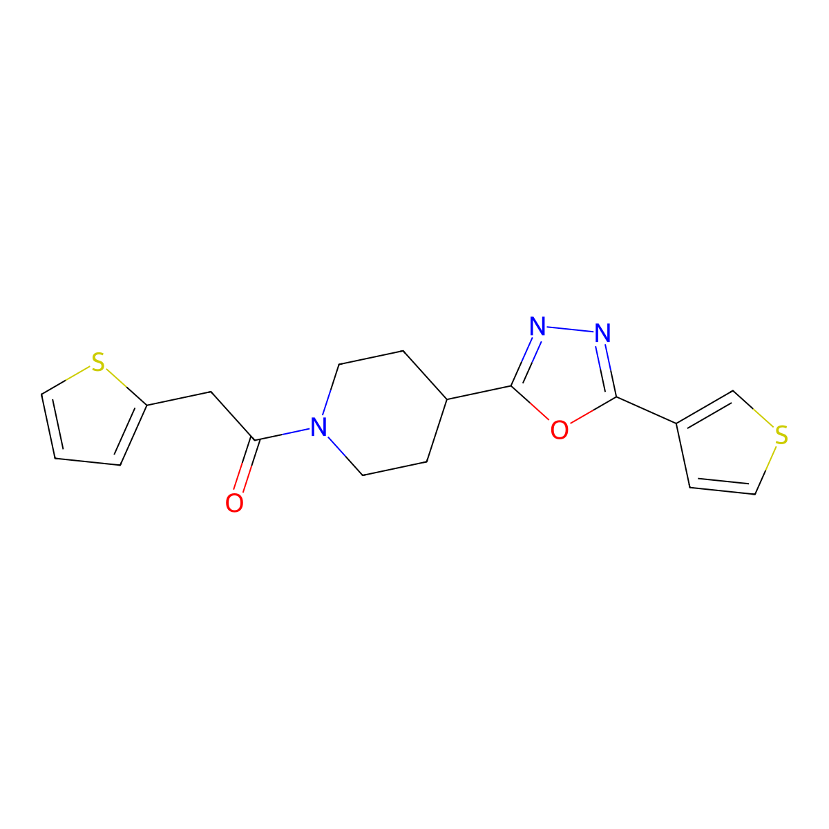 2-(Thiophen-2-yl)-1-(4-(5-(thiophen-3-yl)-1,3,4-oxadiazol-2-yl)piperidin-1-yl)ethanone molecular structure, CAS 1381366-44-4