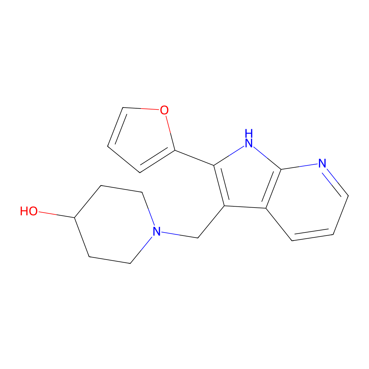1-((2-(Furan-2-yl)-1H-pyrrolo[2,3-b]pyridin-3-yl)methyl)piperidin-4-ol molecular structure, CAS 1381394-79-1