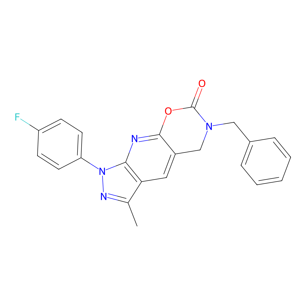6-benzyl-1-(4-fluorophenyl)-3-methyl-5,6-dihydropyrazolo[4',3':5,6]pyrido[3,2-e][1,3]oxazin-7(1H)-one molecular structure, CAS 1381408-59-8