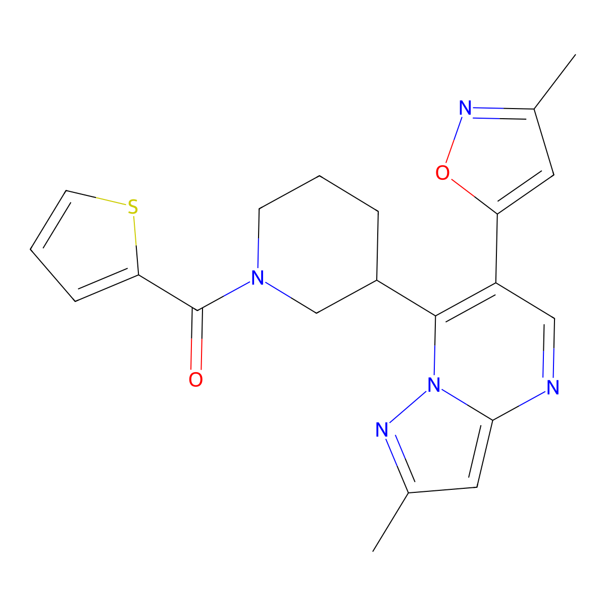 (3-(2-Methyl-6-(3-methylisoxazol-5-yl)pyrazolo[1,5-a]pyrimidin-7-yl)piperidin-1-yl)(thiophen-2-yl)methanone molecular structure, CAS 1381430-40-5