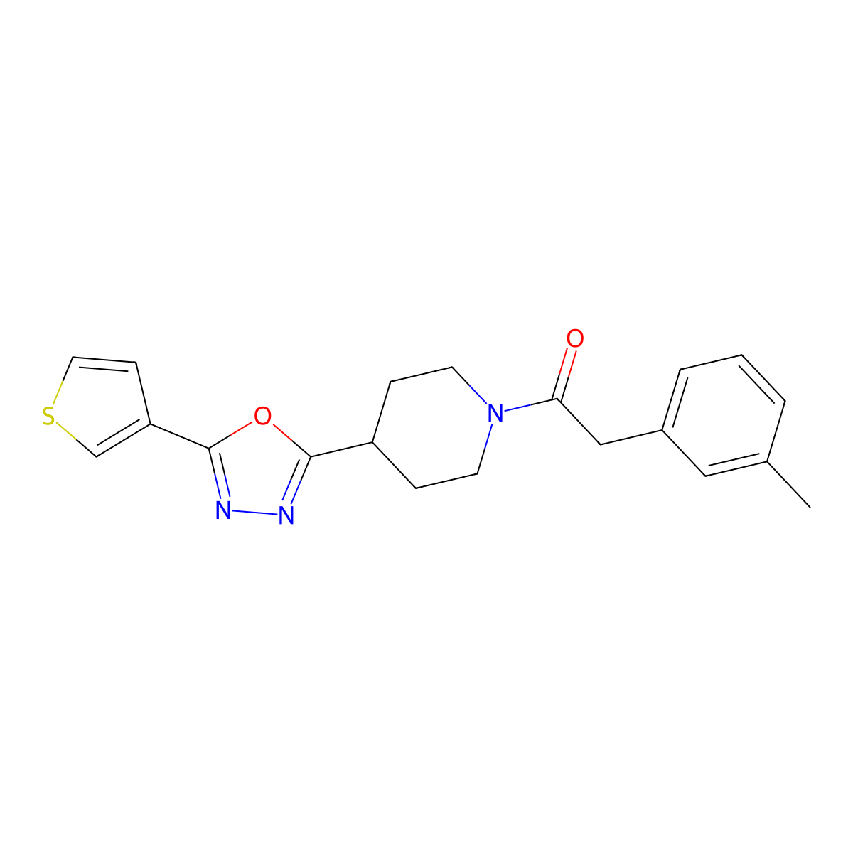 2-(3-Methylphenyl)-1-{4-[5-(thiophen-3-yl)-1,3,4-oxadiazol-2-yl]piperidin-1-yl}ethan-1-one molecular structure, CAS 1381454-76-7
