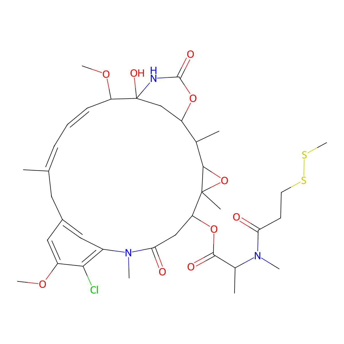 (11-Chloro-21-hydroxy-12,20-dimethoxy-2,5,9,16-tetramethyl-8,23-dioxo-4,24-dioxa-9,22-diazatetracyclo[19.3.1.110,14.03,5]hexacosa-10,12,14(26),16,18-pentaen-6-yl) 2-[methyl-[3-(methyldisulfanyl)propanoyl]amino]propanoate molecular structure, CAS 138148-68-2