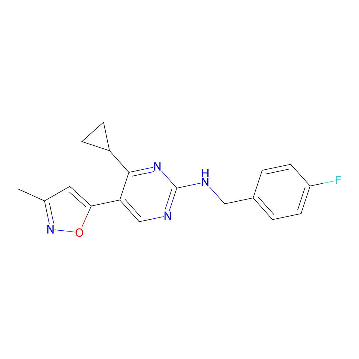4-cyclopropyl-N-((4-fluorophenyl)methyl)-5-(3-methyl-1,2-oxazol-5-yl)pyrimidin-2-amine molecular structure, CAS 1381549-86-5