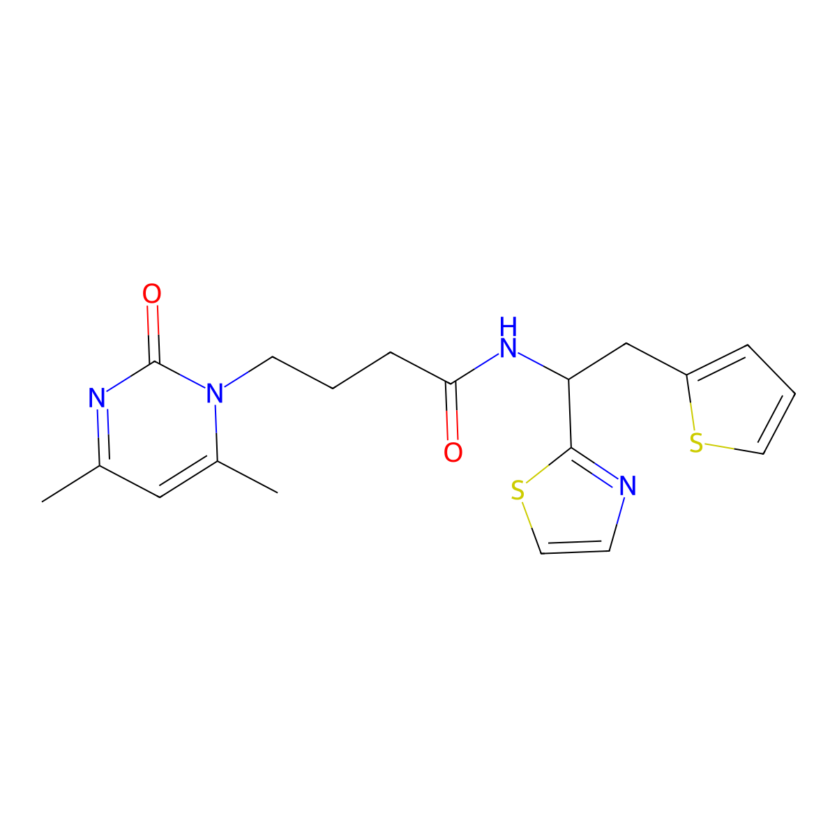 4-(4,6-Dimethyl-2-oxopyrimidin-1(2H)-yl)-N-(1-(thiazol-2-yl)-2-(thiophen-2-yl)ethyl)butanamide molecular structure, CAS 1381553-21-4