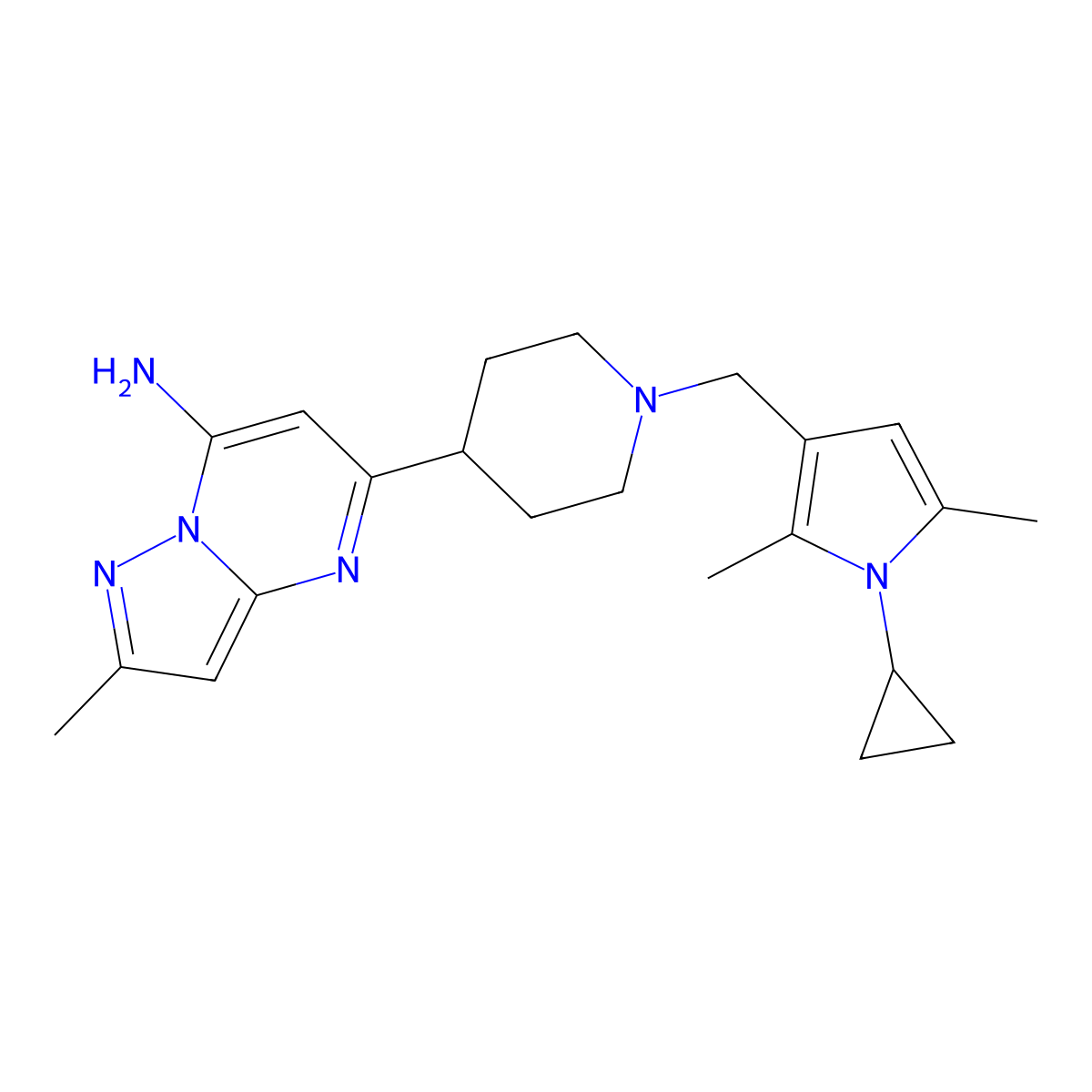5-(1-((1-Cyclopropyl-2,5-dimethyl-1H-pyrrol-3-yl)methyl)piperidin-4-yl)-2-methylpyrazolo[1,5-a]pyrimidin-7-amine molecular structure, CAS 1381651-18-8
