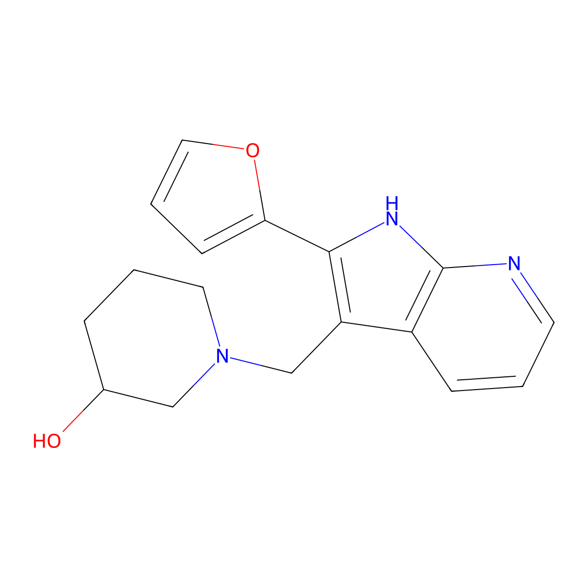 1-((2-(Furan-2-yl)-1H-pyrrolo[2,3-b]pyridin-3-yl)methyl)piperidin-3-ol molecular structure, CAS 1381679-58-8