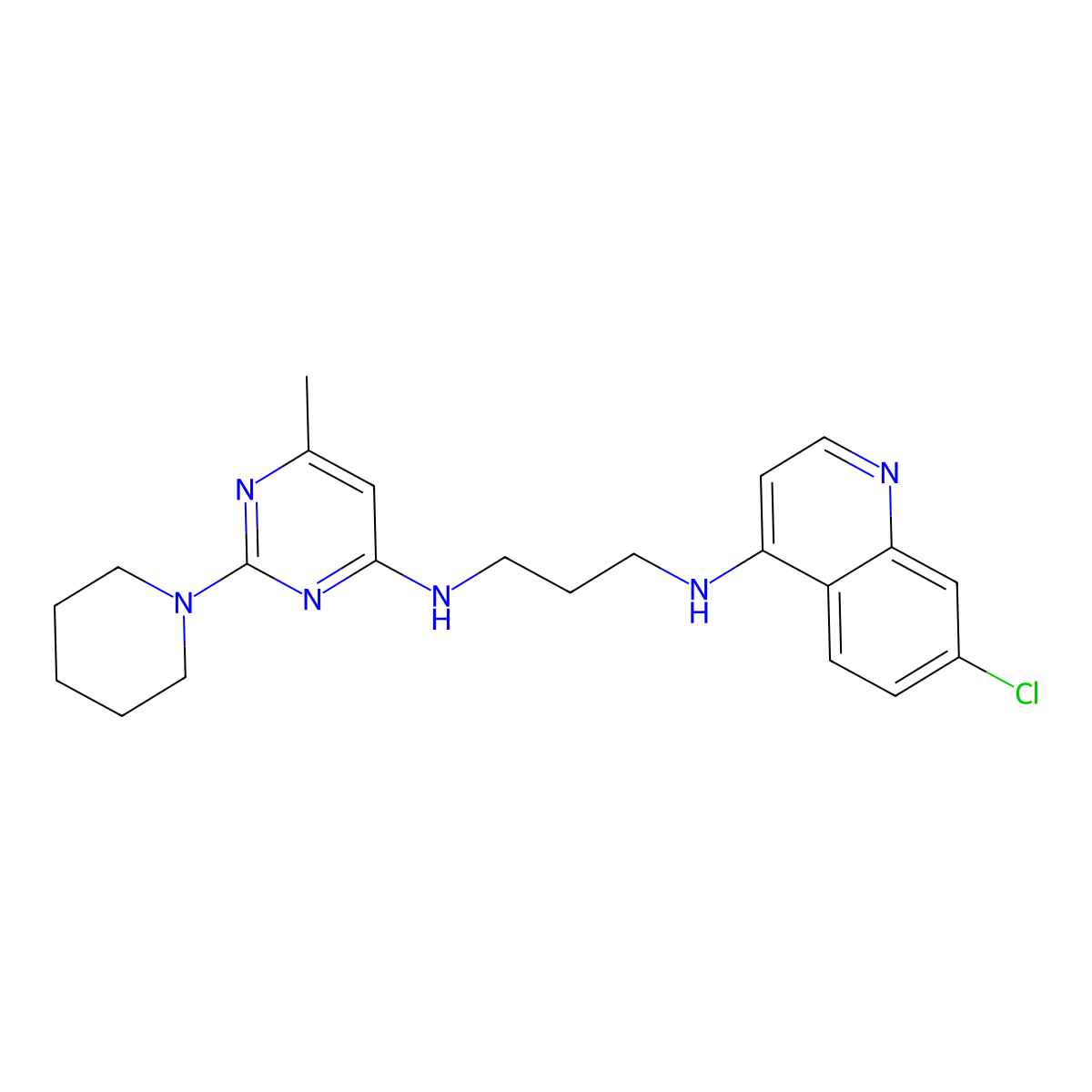 N1-(7-chloroquinolin-4-yl)-N3-(6-methyl-2-(piperidin-1-yl)pyrimidin-4-yl)propane-1,3-diamine molecular structure, CAS 1381786-85-1
