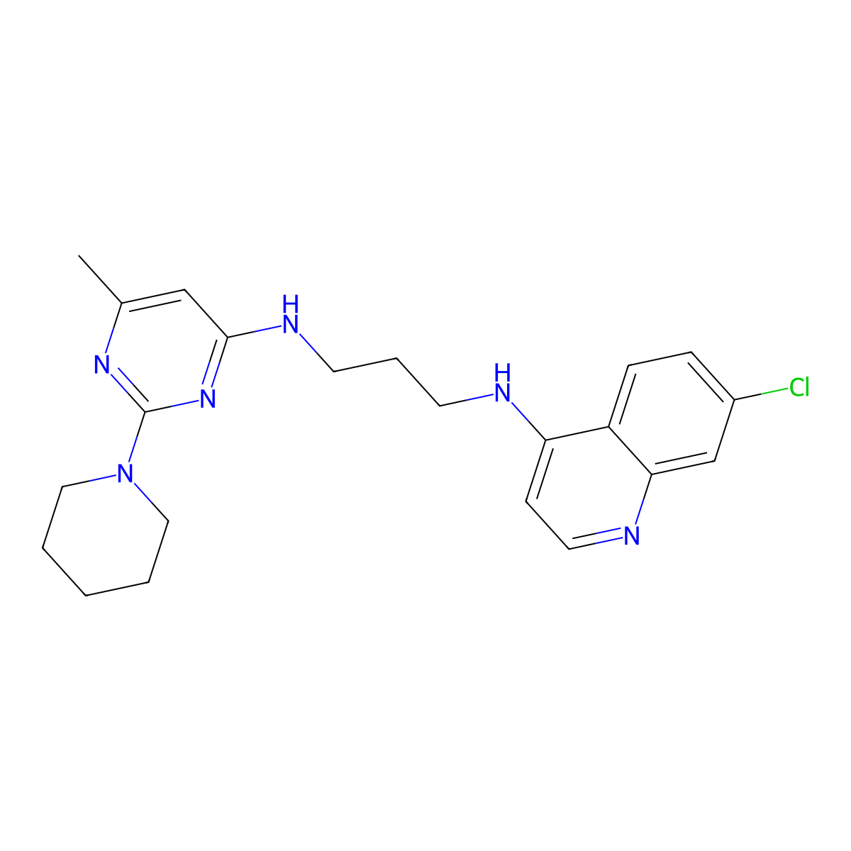 N1-(7-chloroquinolin-4-yl)-N3-(6-methyl-2-(piperidin-1-yl)pyrimidin-4-yl)propane-1,3-diamine molecular structure, CAS 1381786-85-1