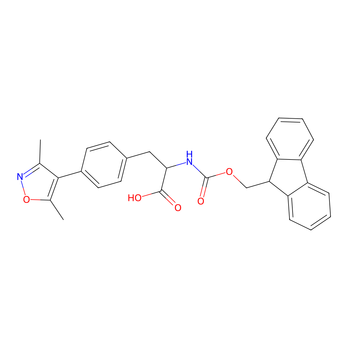 (S)-2-((((9H-Fluoren-9-yl)methoxy)carbonyl)amino)-3-(4-(3,5-dimethylisoxazol-4-yl)phenyl)propanoic acid molecular structure, CAS 1381790-25-5