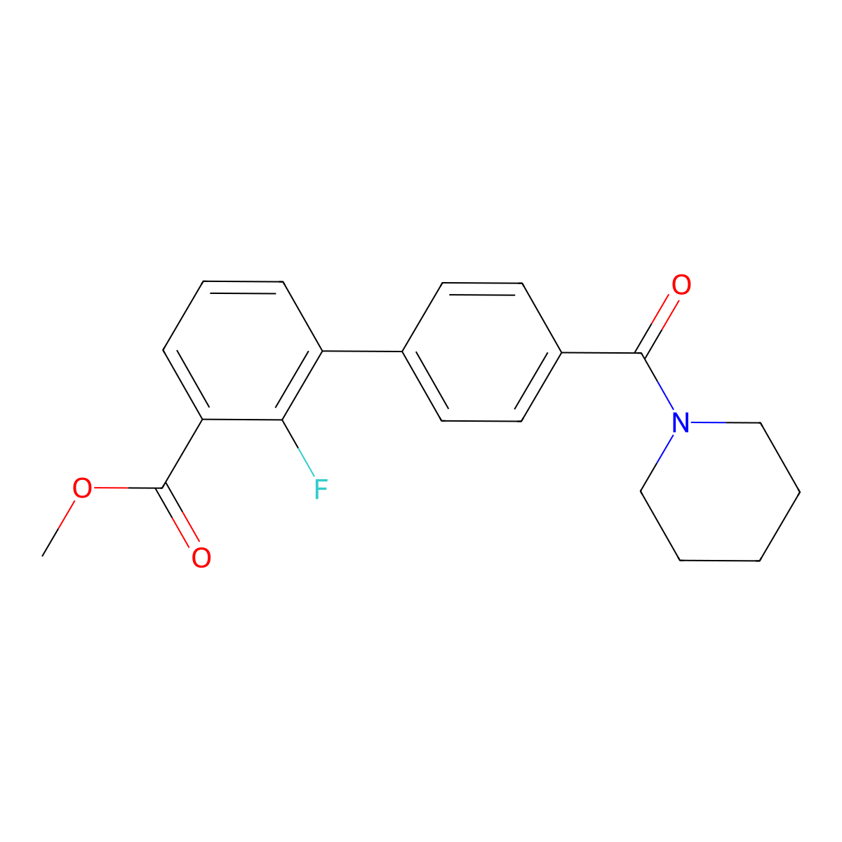 Methyl 2-fluoro-4'-(piperidine-1-carbonyl)-[1,1'-biphenyl]-3-carboxylate molecular structure, CAS 1381944-63-3