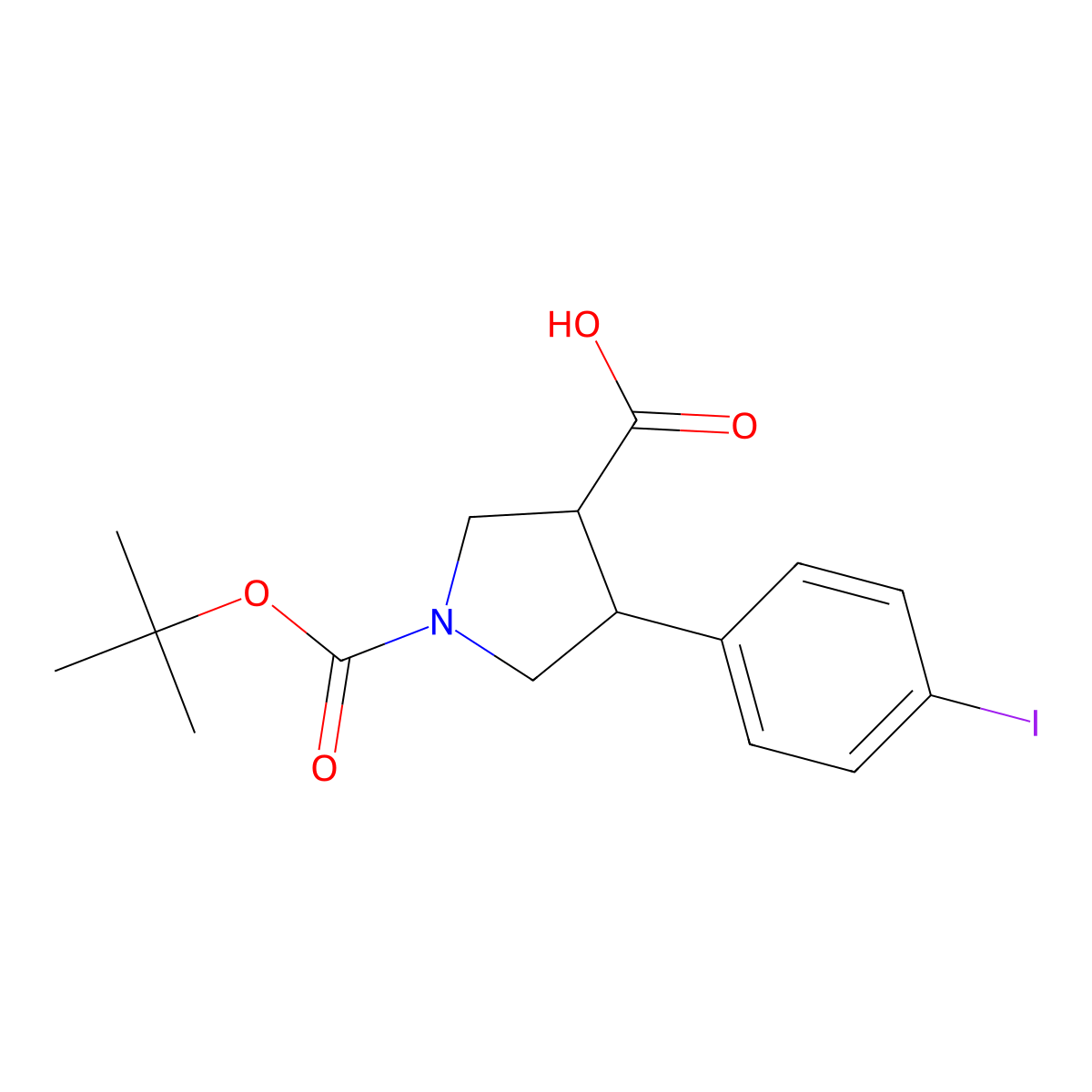 (3R,4S)-rel-1-(tert-Butoxycarbonyl)-4-(4-iodophenyl)pyrrolidine-3-carboxylic acid molecular structure, CAS 1381948-05-5