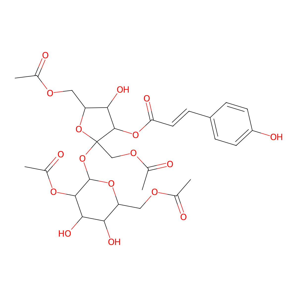 [2-[3-Acetyloxy-6-(acetyloxymethyl)-4,5-dihydroxyoxan-2-yl]oxy-2,5-bis(acetyloxymethyl)-4-hydroxyoxolan-3-yl] 3-(4-hydroxyphenyl)prop-2-enoate molecular structure, CAS 138195-49-0