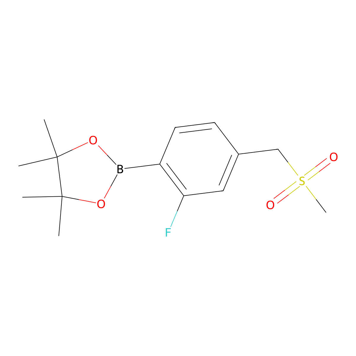 1,3,2-Dioxaborolane, 2-[2-fluoro-4-[(methylsulfonyl)methyl]phenyl]-4,4,5,5-tetramethyl- molecular structure, CAS 1382136-98-2