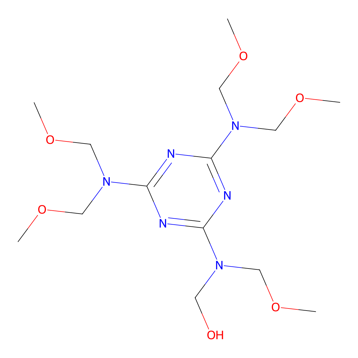 ((4,6-Bis(bis(methoxymethyl)amino)-1,3,5-triazin-2-yl)(methoxymethyl)amino)methanol molecular structure, CAS 13822-63-4