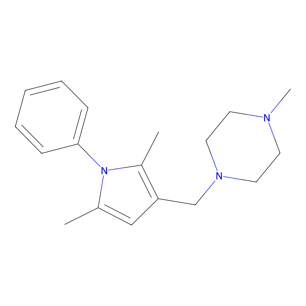 Piperazine, 1-((2,5-dimethyl-1-phenyl-1H-pyrrol-3-yl)methyl)-4-methyl- molecular structure, CAS 138222-78-3