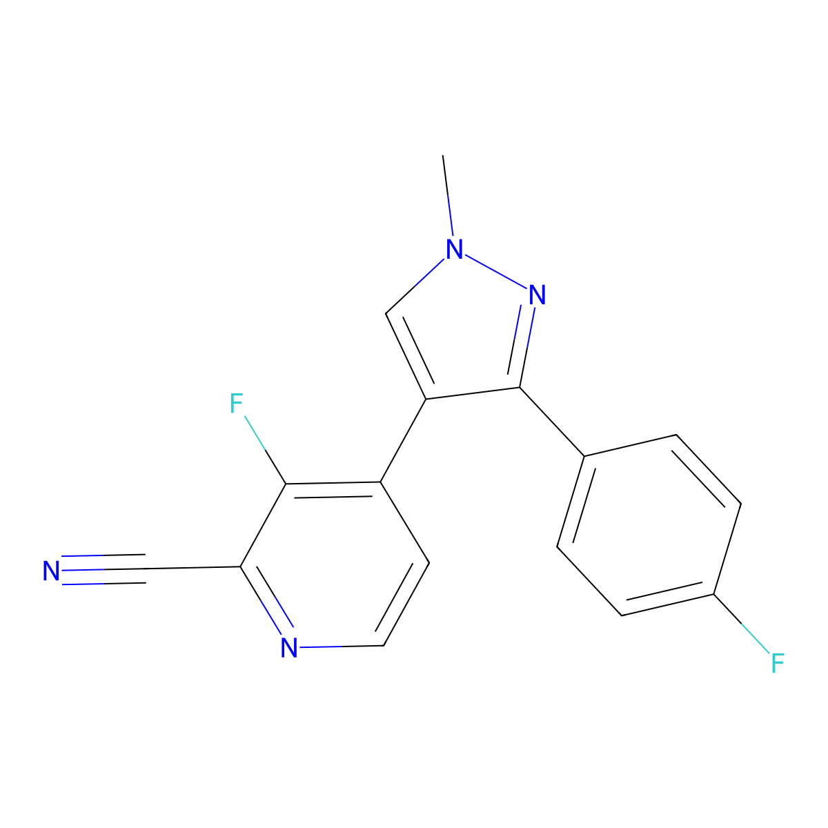 3-fluoro-4-(3-(4-fluorophenyl)-1-methyl-1H-pyrazol-4-yl)picolinonitrile molecular structure, CAS 1383377-50-1