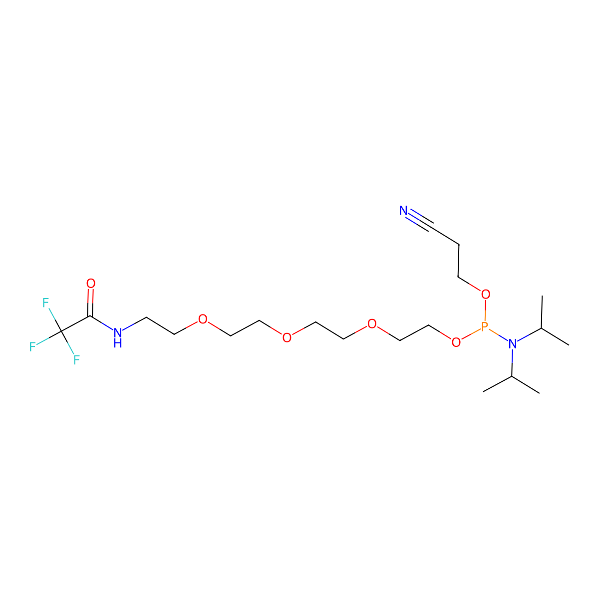 2-Cyanoethyl (1,1,1-trifluoro-2-oxo-6,9,12-trioxa-3-azatetradecan-14-YL) diisopropylphosphoramidite molecular structure, CAS 1384068-23-8