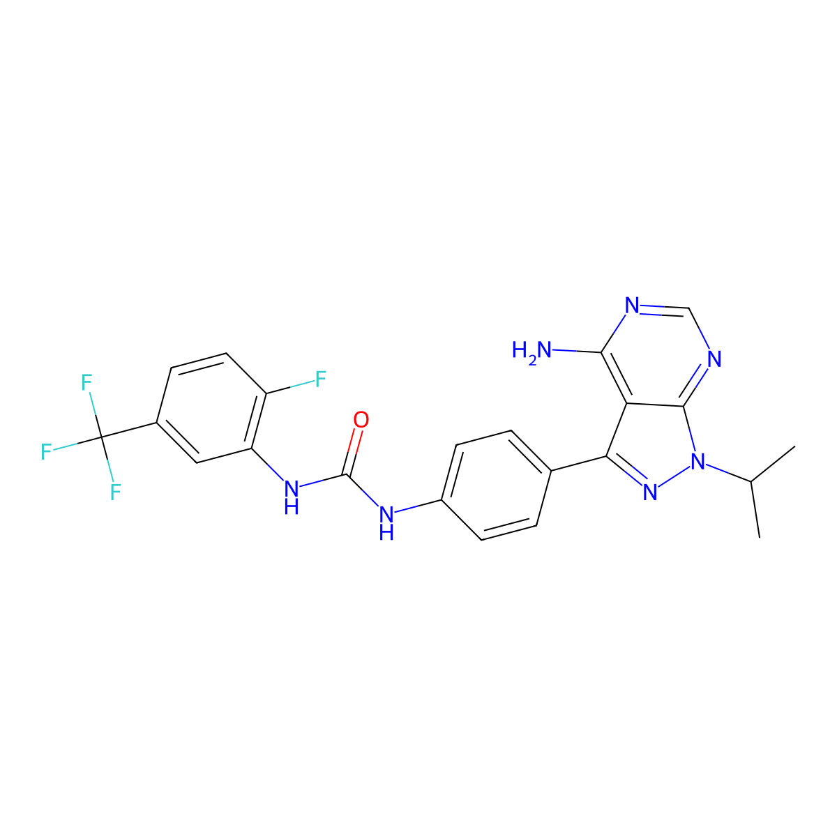 1-(4-(4-amino-1-isopropyl-1H-pyrazolo[3,4-d]pyrimidin-3-yl)phenyl)-3-(2-fluoro-5-(trifluoromethyl)phenyl)urea molecular structure, CAS 1384071-99-1