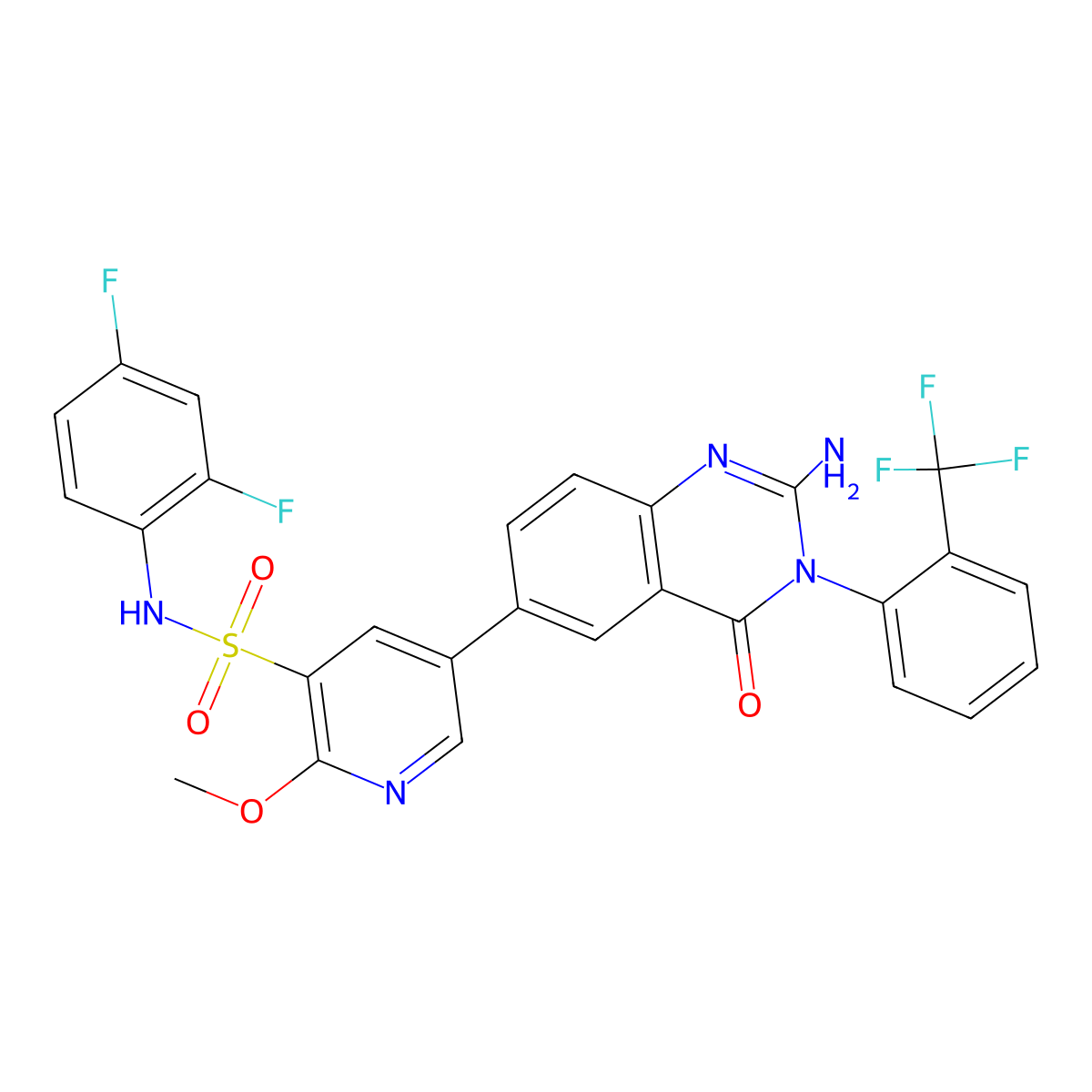 5-(2-amino-4-oxo-3-(2-(trifluoromethyl)phenyl)-3,4-dihydroquinazolin-6-yl)-N-(2,4-difluorophenyl)-2-methoxypyridine-3-sulfonamide molecular structure, CAS 1384097-27-1