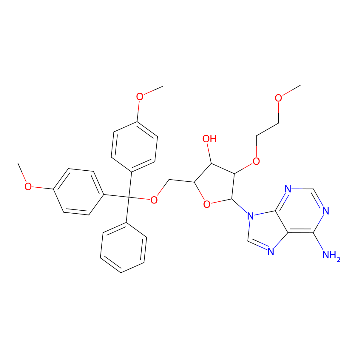 (2R,3R,4R,5R)-5-(6-Amino-9H-purin-9-yl)-2-((bis(4-methoxyphenyl)(phenyl)methoxy)methyl)-4-(2-methoxyethoxy)tetrahydrofuran-3-ol molecular structure, CAS 1384253-67-1