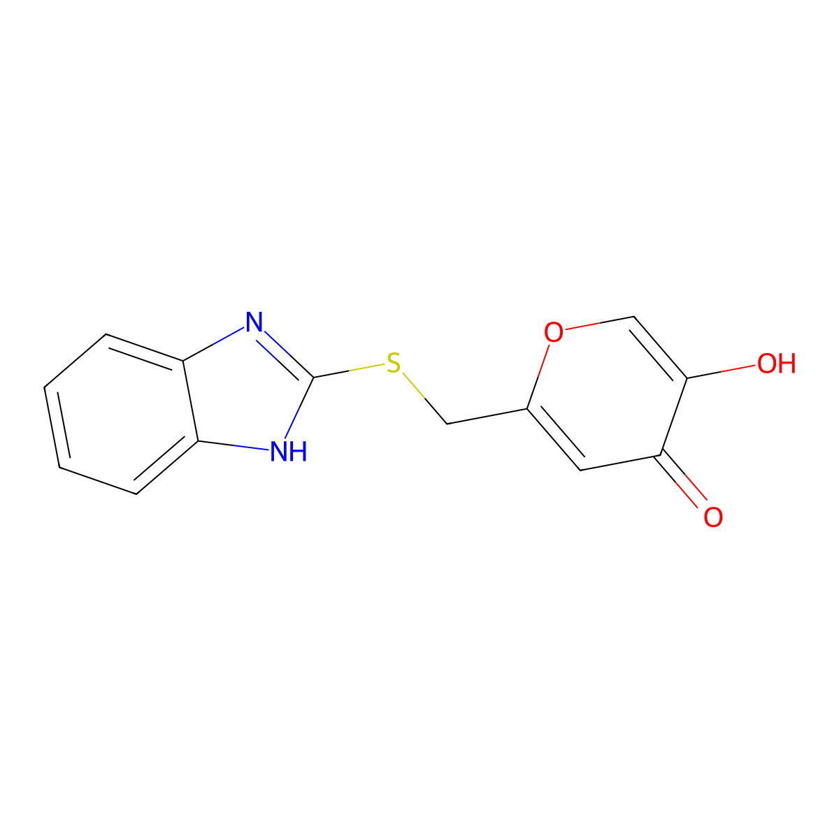 2-(((1H-benzo[d]imidazol-2-yl)thio)methyl)-5-hydroxy-4H-pyran-4-one molecular structure, CAS 138426-85-4