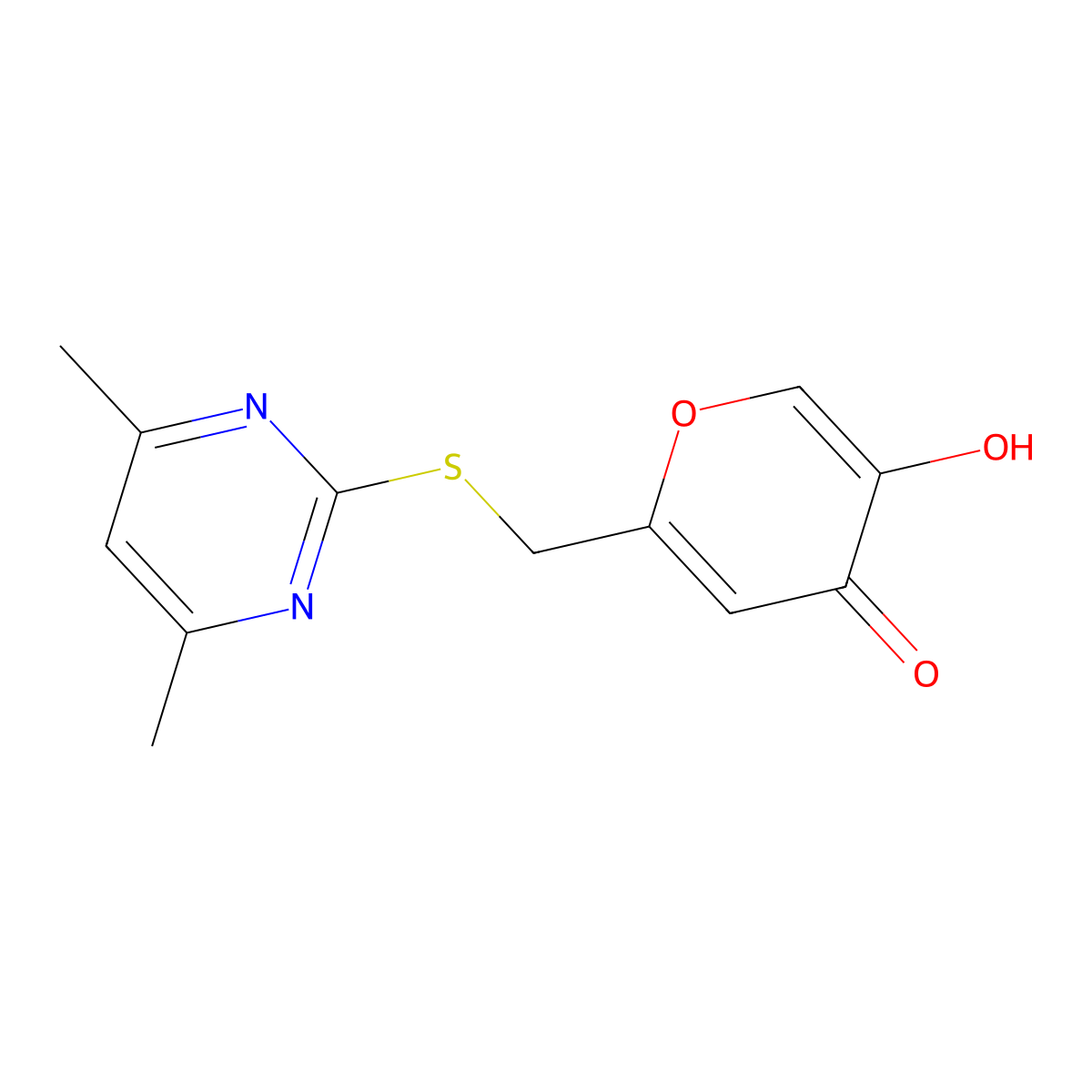 2-(((4,6-dimethylpyrimidin-2-yl)thio)methyl)-5-hydroxy-4H-pyran-4-one molecular structure, CAS 138426-86-5