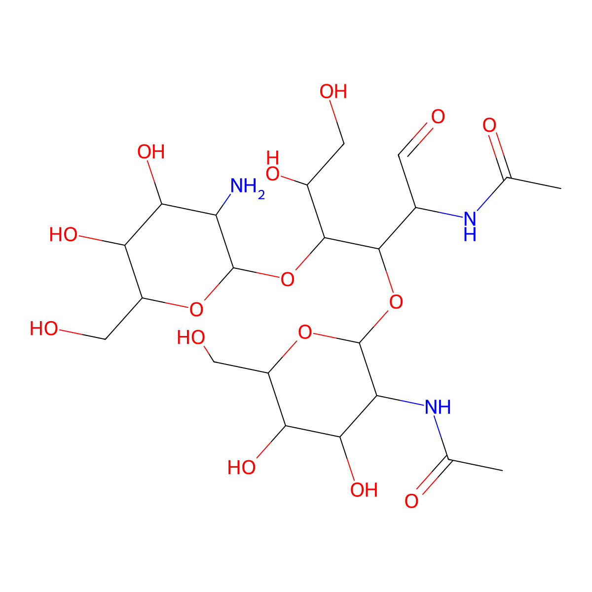 2-Amino-2-deoxyglucopyranosyl-(1-4)-2-acetamido-2-deoxyglucopyranosyl-(1-4)-2-acetamido-2-deoxyglucopyranoside molecular structure, CAS 138430-53-2