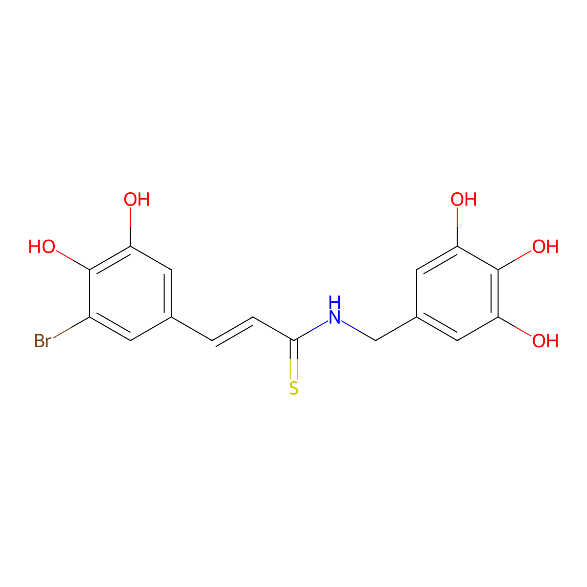 (E)-3-(3-Bromo-4,5-dihydroxyphenyl)-N-(3,4,5-trihydroxybenzyl)prop-2-enethioamide molecular structure, CAS 1384426-12-3