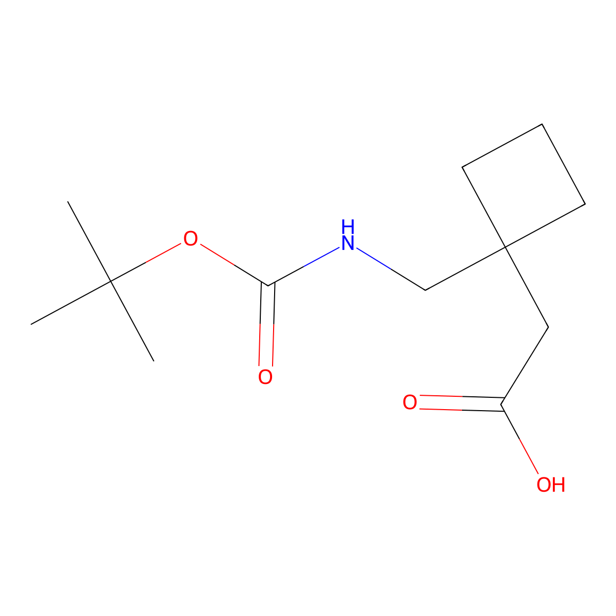 2-(1-(((tert-Butoxycarbonyl)amino)methyl)cyclobutyl)acetic acid molecular structure, CAS 1384441-97-7