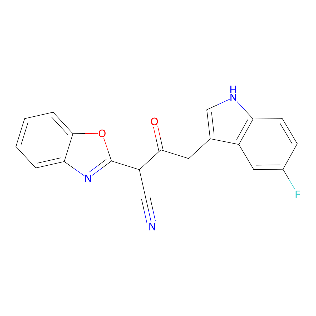 2-(1,3-benzoxazol-2-yl)-4-(5-fluoro-1H-indol-3-yl)-3-oxobutanenitrile molecular structure, CAS 1384603-79-5