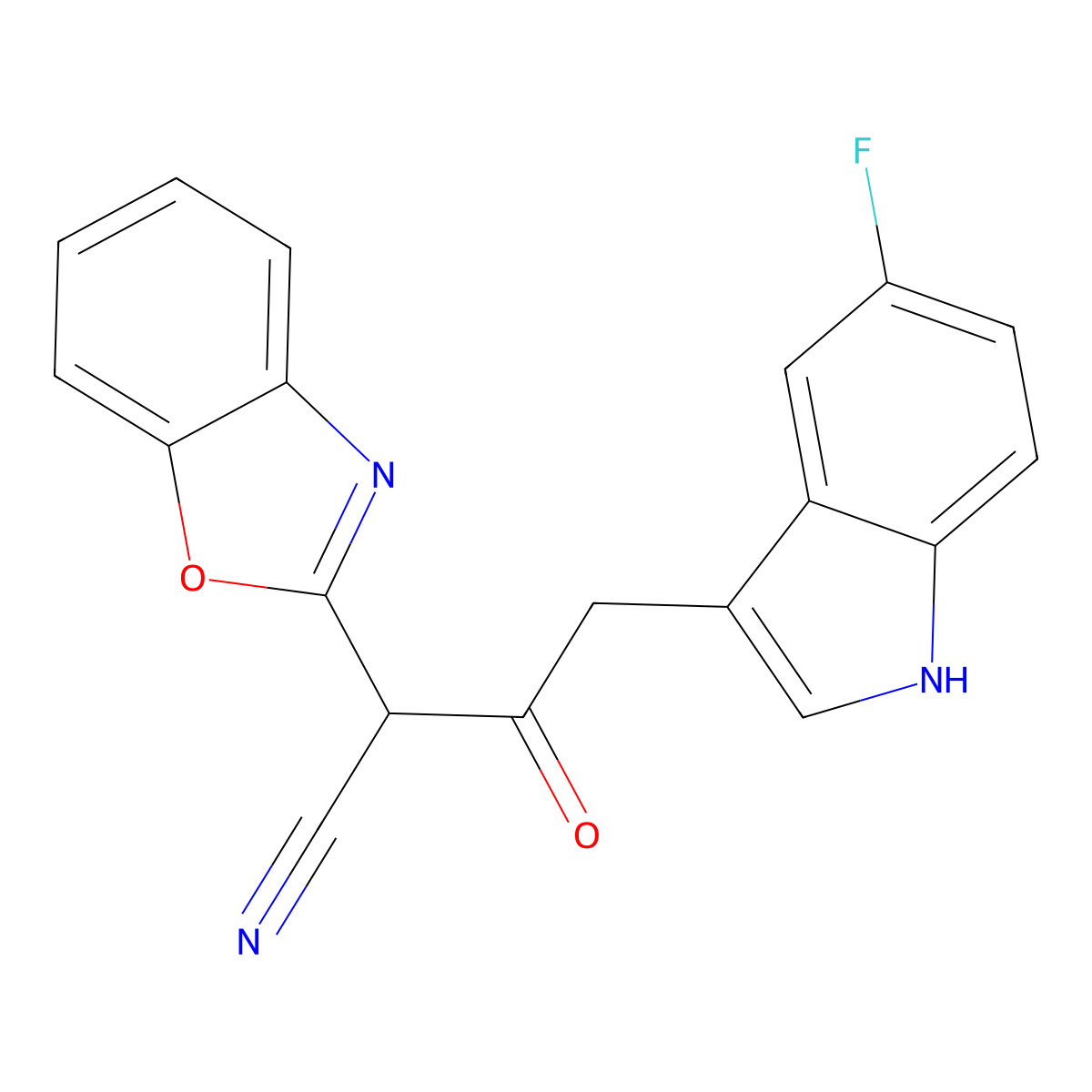 2-(1,3-benzoxazol-2-yl)-4-(5-fluoro-1H-indol-3-yl)-3-oxobutanenitrile molecular structure, CAS 1384603-79-5