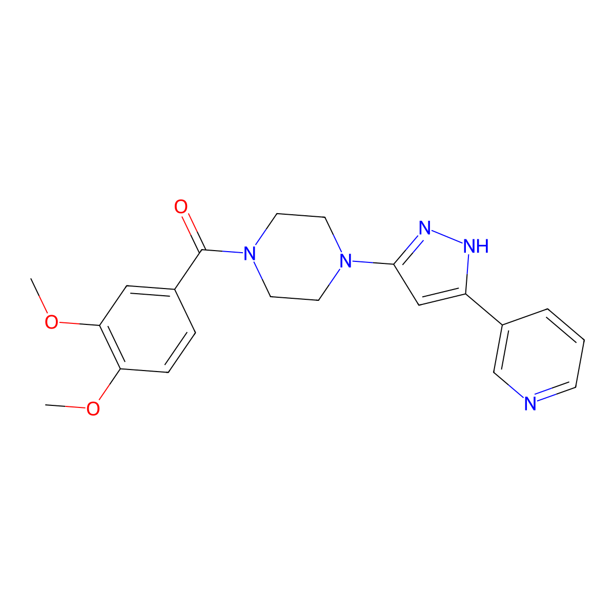 (3,4-dimethoxyphenyl)(4-(3-(pyridin-3-yl)-1H-pyrazol-5-yl)piperazin-1-yl)methanone molecular structure, CAS 1384639-48-8