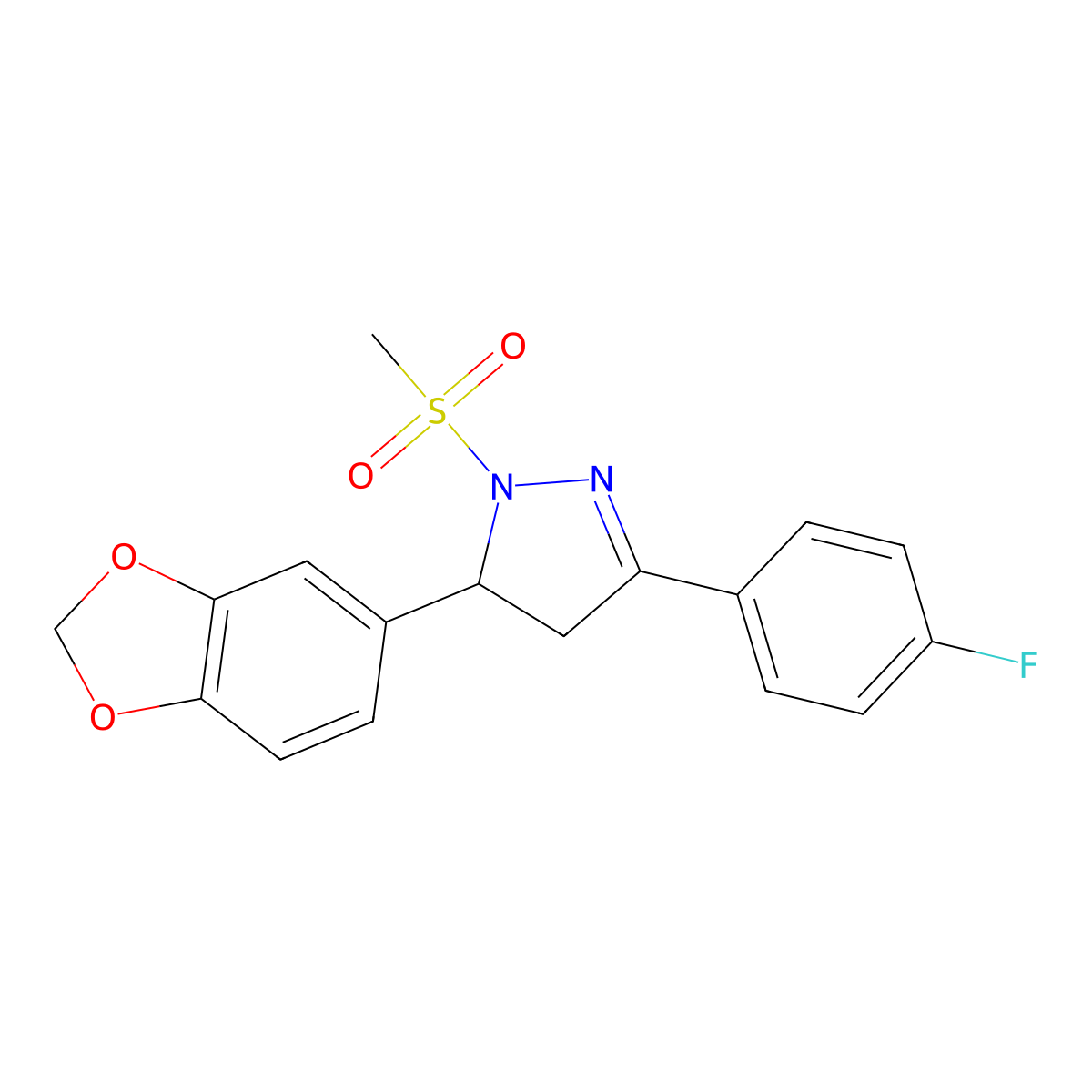5-(2H-1,3-benzodioxol-5-yl)-3-(4-fluorophenyl)-1-methanesulfonyl-4,5-dihydro-1H-pyrazole molecular structure, CAS 1384700-22-4