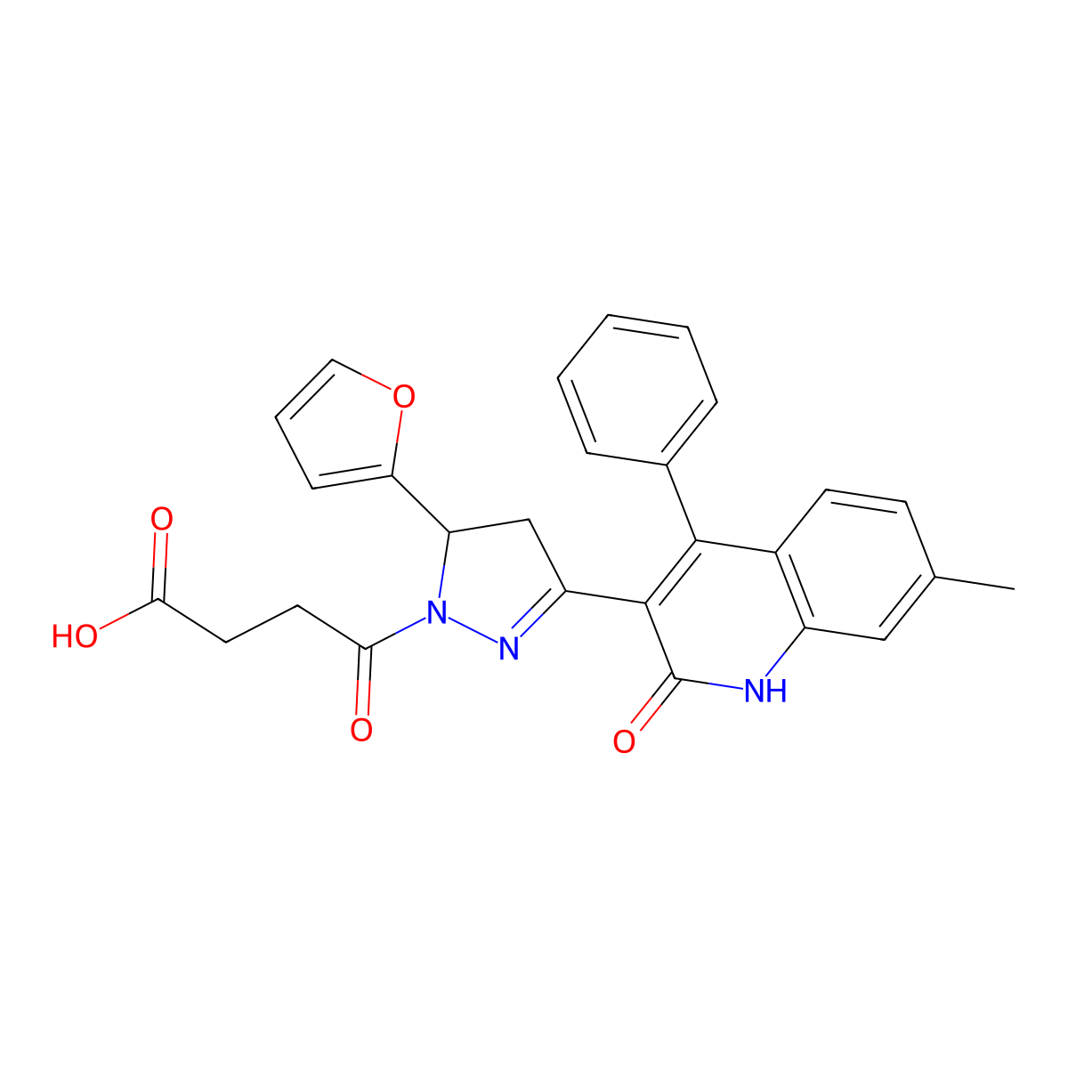 4-[5-(furan-2-yl)-3-(7-methyl-2-oxo-4-phenyl-1,2-dihydroquinolin-3-yl)-4,5-dihydro-1H-pyrazol-1-yl]-4-oxobutanoic acid molecular structure, CAS 1384790-55-9