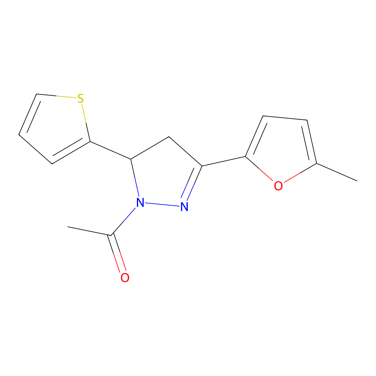 1-(3-(5-methylfuran-2-yl)-5-(thiophen-2-yl)-4,5-dihydro-1H-pyrazol-1-yl)ethanone molecular structure, CAS 1384796-31-9