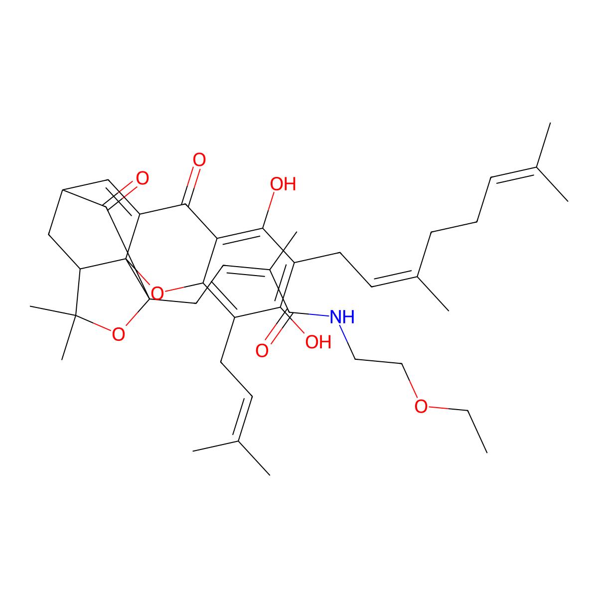 4-[7-(3,7-dimethylocta-2,6-dienyl)-6,8-dihydroxy-17,17-dimethyl-5-(3-methylbut-2-enyl)-10,14-dioxo-3,16-dioxapentacyclo[11.4.1.02,11.02,15.04,9]octadeca-4,6,8,11-tetraen-15-yl]-N-(2-ethoxyethyl)-2-methylbut-2-enamide molecular structure, CAS 1385035-79-9