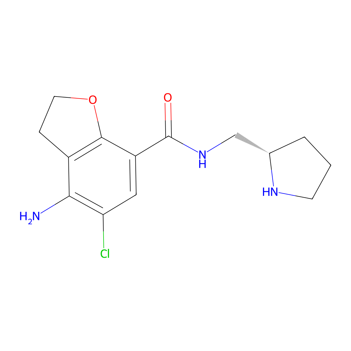 7-Benzofurancarboxamide, 4-amino-5-chloro-2,3-dihydro-N-(2-pyrrolidinylmethyl)-, (S)- molecular structure, CAS 138559-56-5