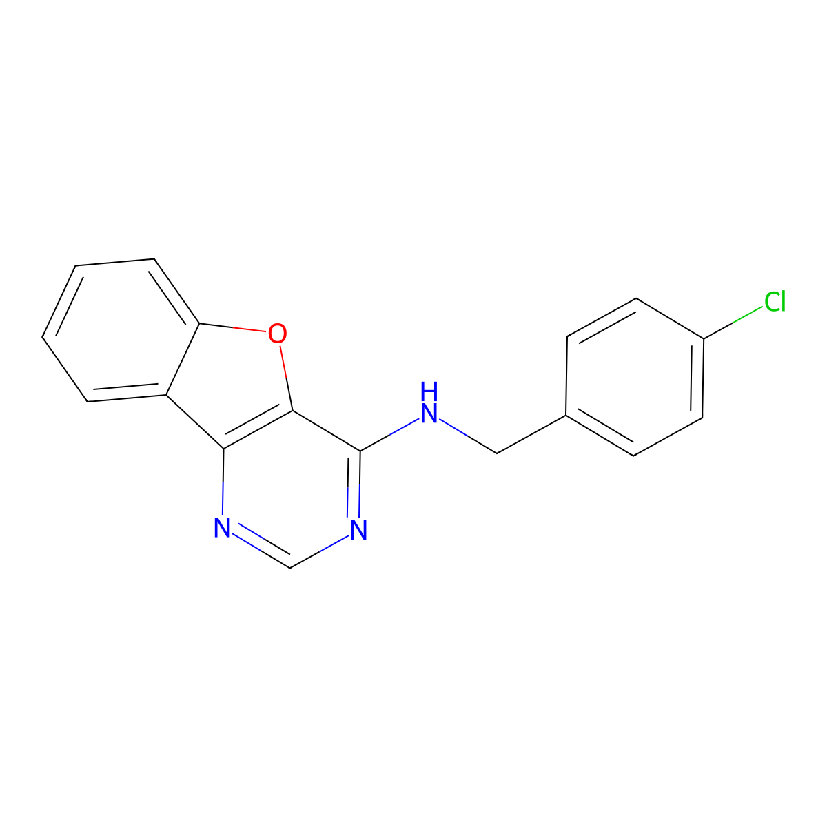 N-[(4-chlorophenyl)methyl]-8-oxa-3,5-diazatricyclo[7.4.0.0^{2,7}]trideca-1(9),2(7),3,5,10,12-hexaen-6-amine molecular structure, CAS 1385659-75-5