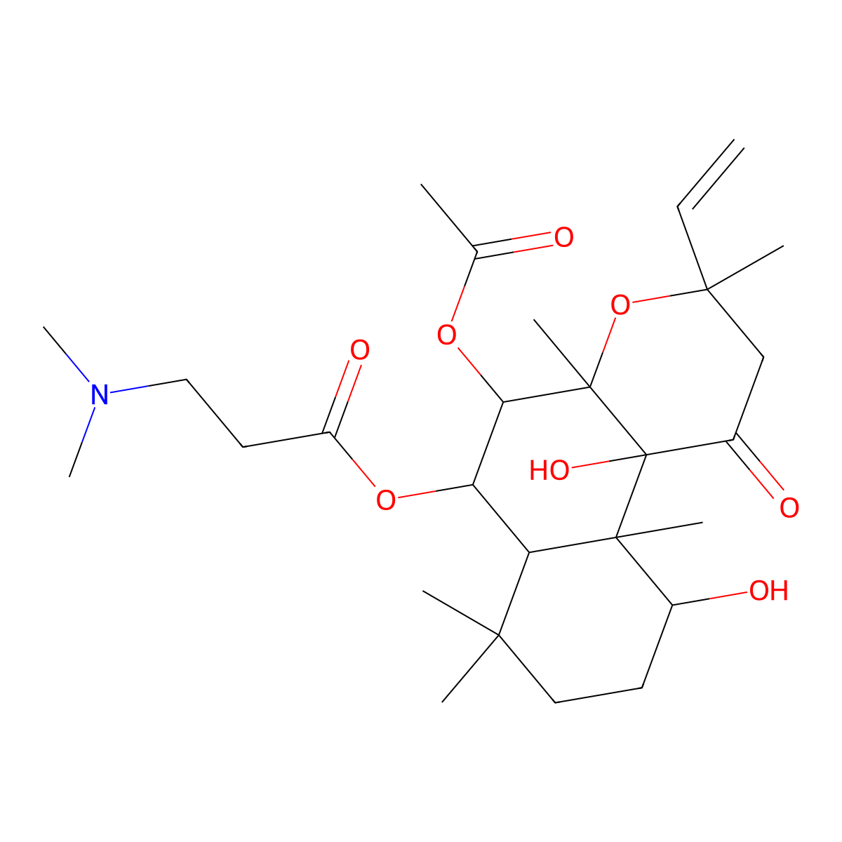 N,N-Dimethyl-beta-alanine (3R,4aR,5S,6S,6aS,10S,10aR,10bS)-5-(acetyloxy)-3-ethenyldodecahydro-10,10b-dihydroxy-3,4a,7,7,10a-pentamethyl-1-oxo-1H-naphtho(2,1-b)pyran-6-yl ester molecular structure, CAS 138605-00-2