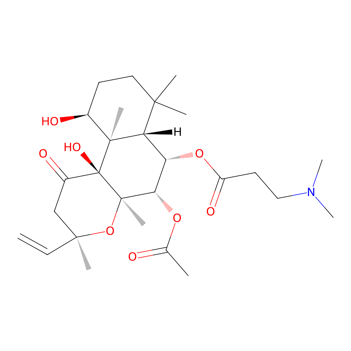 N,N-Dimethyl-beta-alanine (3R,4aR,5S,6S,6aS,10S,10aR,10bS)-5-(acetyloxy)-3-ethenyldodecahydro-10,10b-dihydroxy-3,4a,7,7,10a-pentamethyl-1-oxo-1H-naphtho(2,1-b)pyran-6-yl ester molecular structure, CAS 138605-00-2