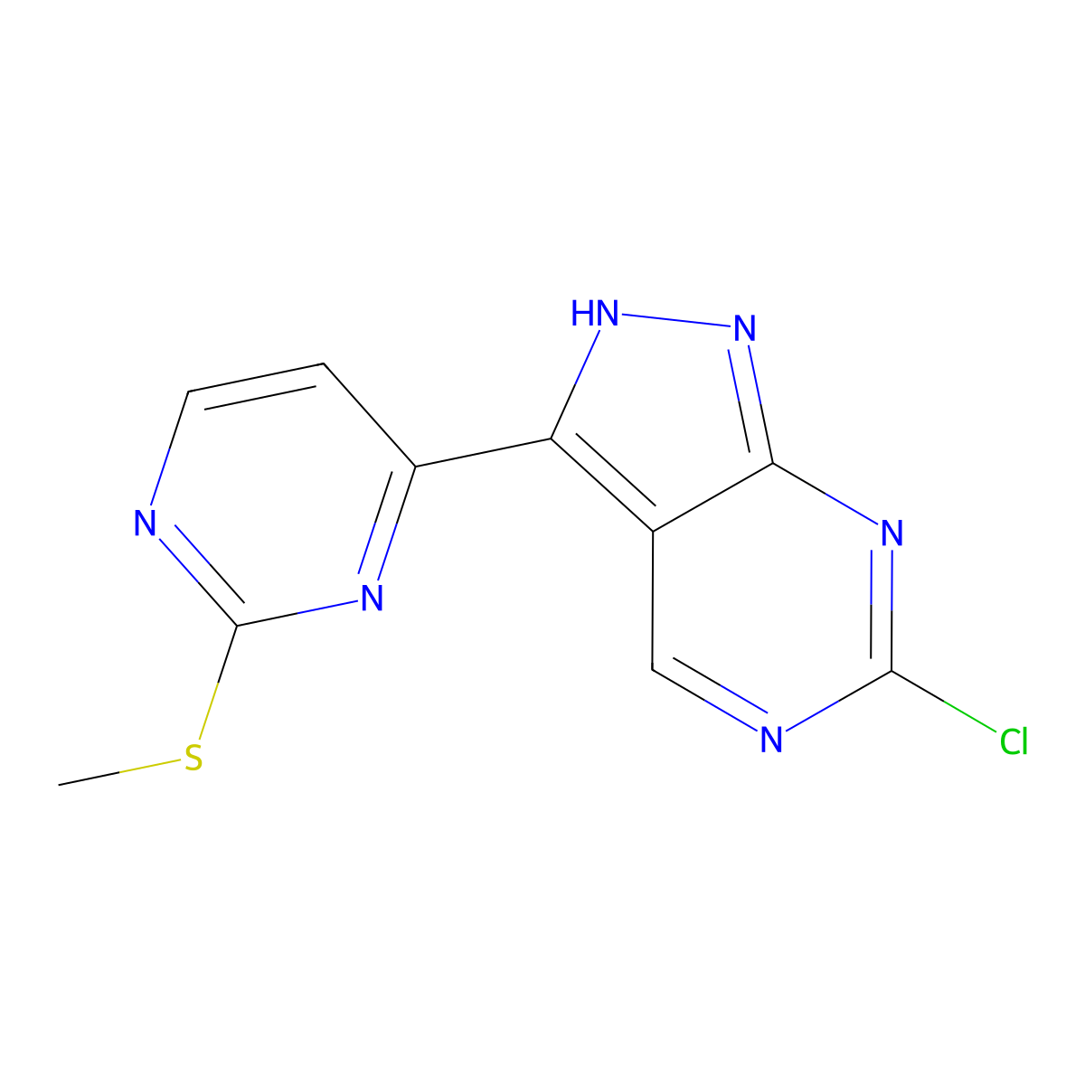 6-Chloro-3-(2-(methylthio)pyrimidin-4-yl)-1H-pyrazolo[3,4-d]pyrimidine molecular structure, CAS 1386398-83-9