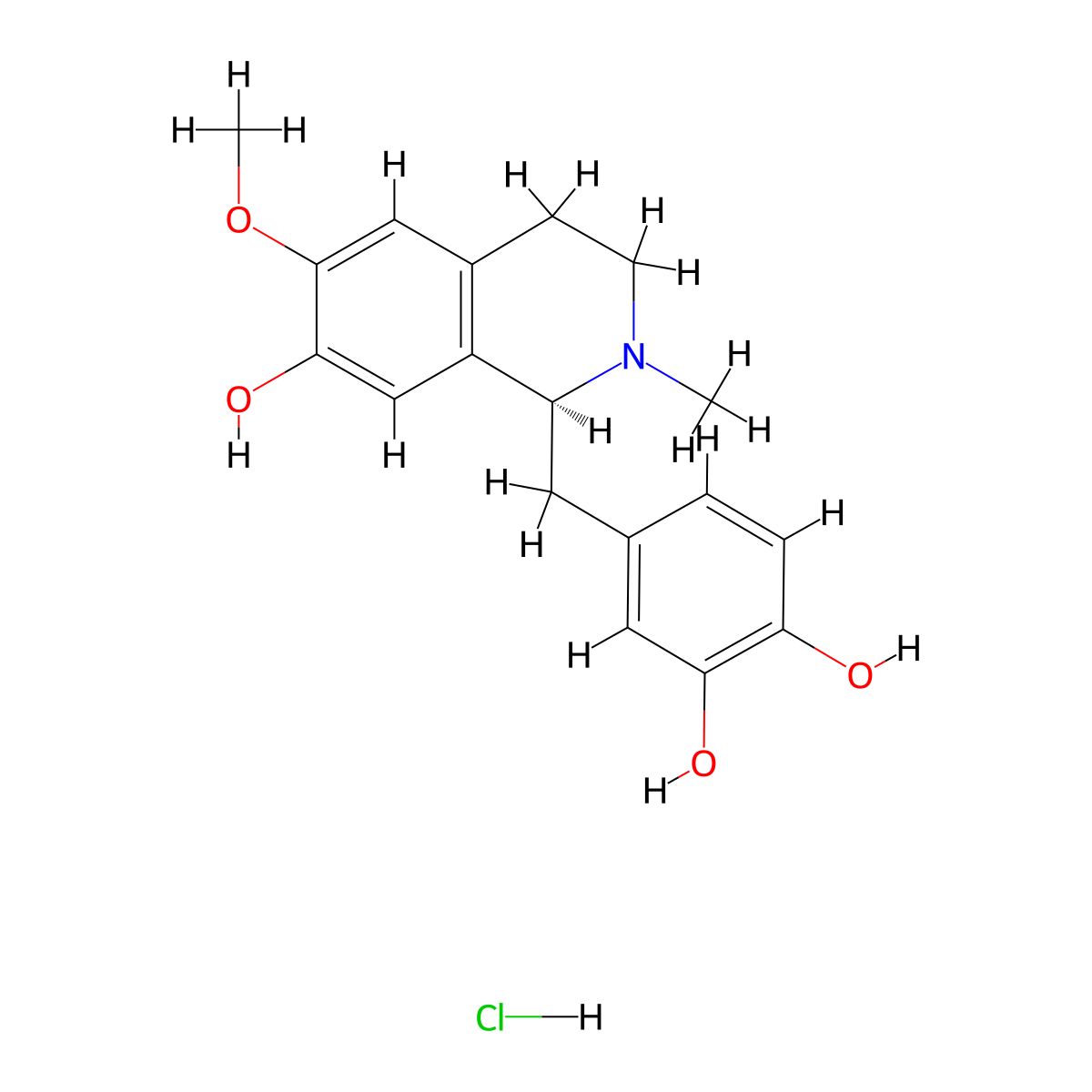 4-[[(1S)-7-Hydroxy-6-methoxy-2-methyl-3,4-dihydro-1H-isoquinolin-1-yl]methyl]benzene-1,2-diol;hydrochloride molecular structure, CAS 138644-99-2