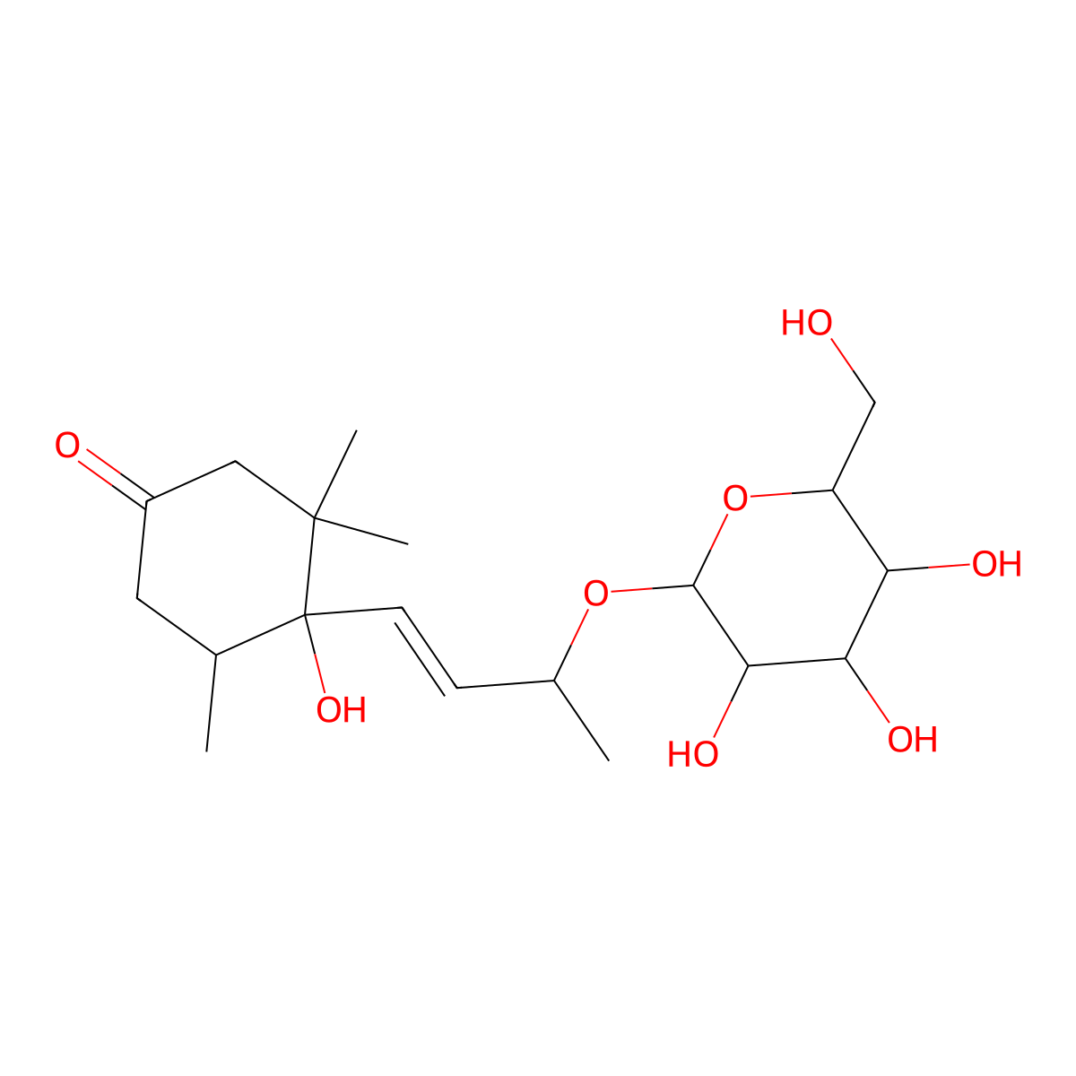 ((R)-3-(1-Hydroxy-2,2,6beta-trimethyl-4-oxocyclohexane-1alpha-yl)-1-methyl-2-propenyl)beta-D-glucopyranoside molecular structure, CAS 138665-44-8